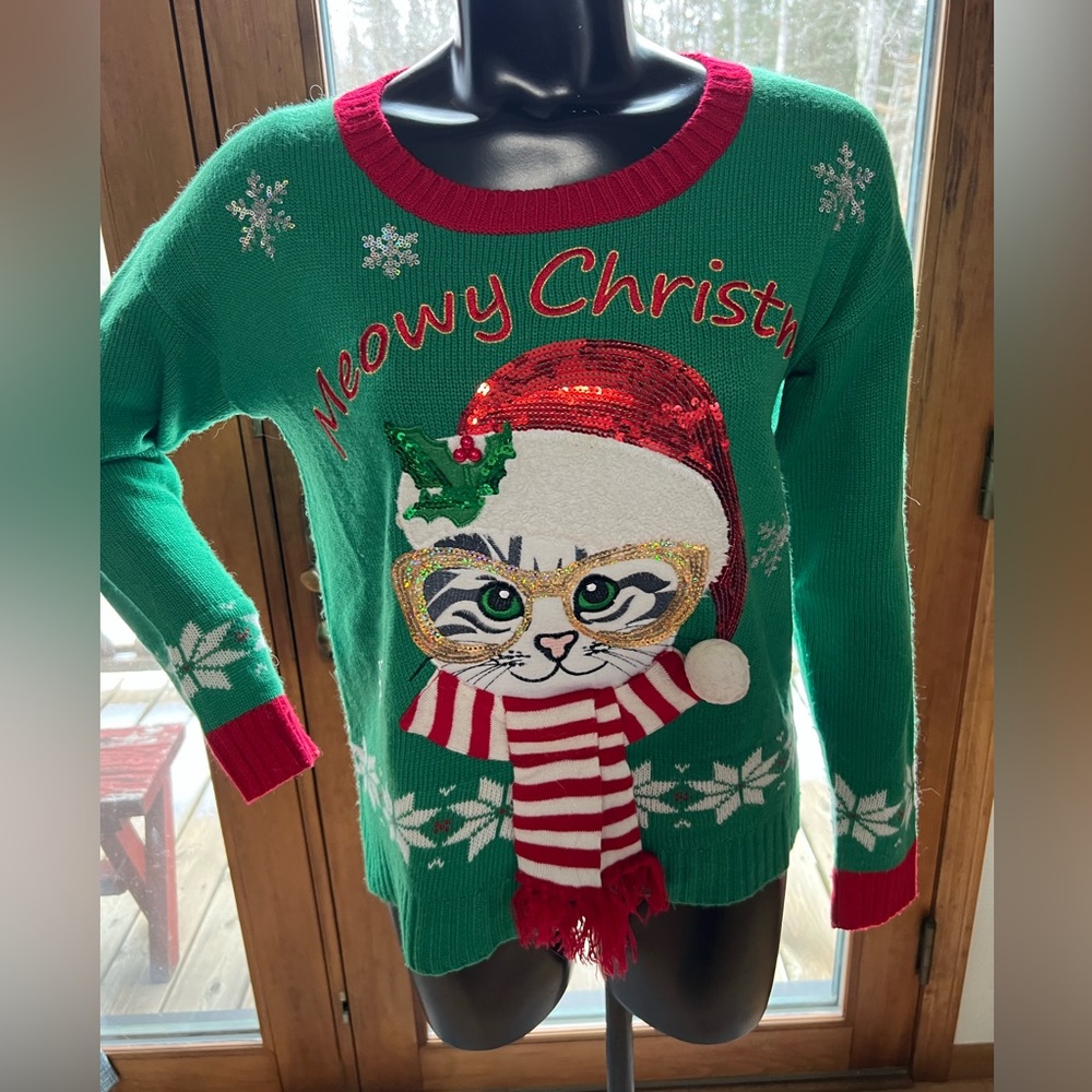 Love Always Cat “Meowy‎ Christmas” Sequin Green Sweater Size Medium Crew Neck